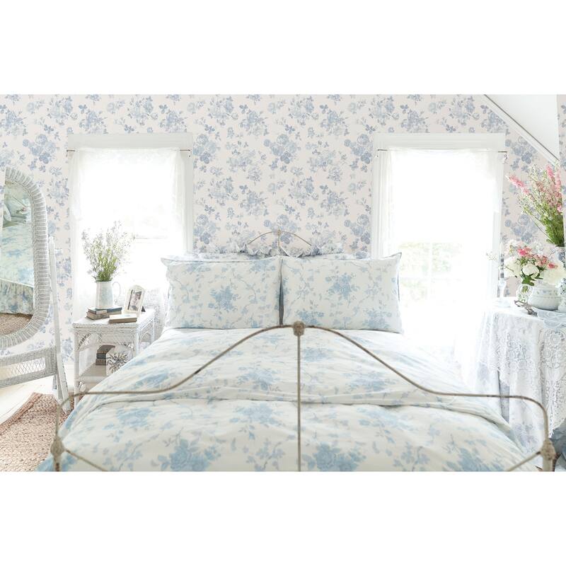 LoveShackFancy Everblooming Rosettes Blue Bella Ribbon Peel and Stick Wallpaper