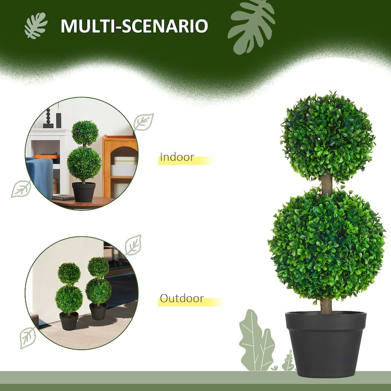 Set of 2 Artificial Boxwood Trees 23.5 Inch Green Ball-Shaped Plants UV-Protected Indoor Outdoor Decorative with Cement Pots