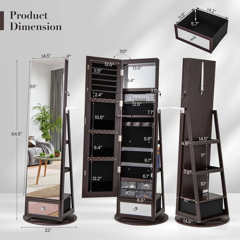 Gymax Swivel Jewelry Cabinet w/ Mirror Jewelry Storage Organizer