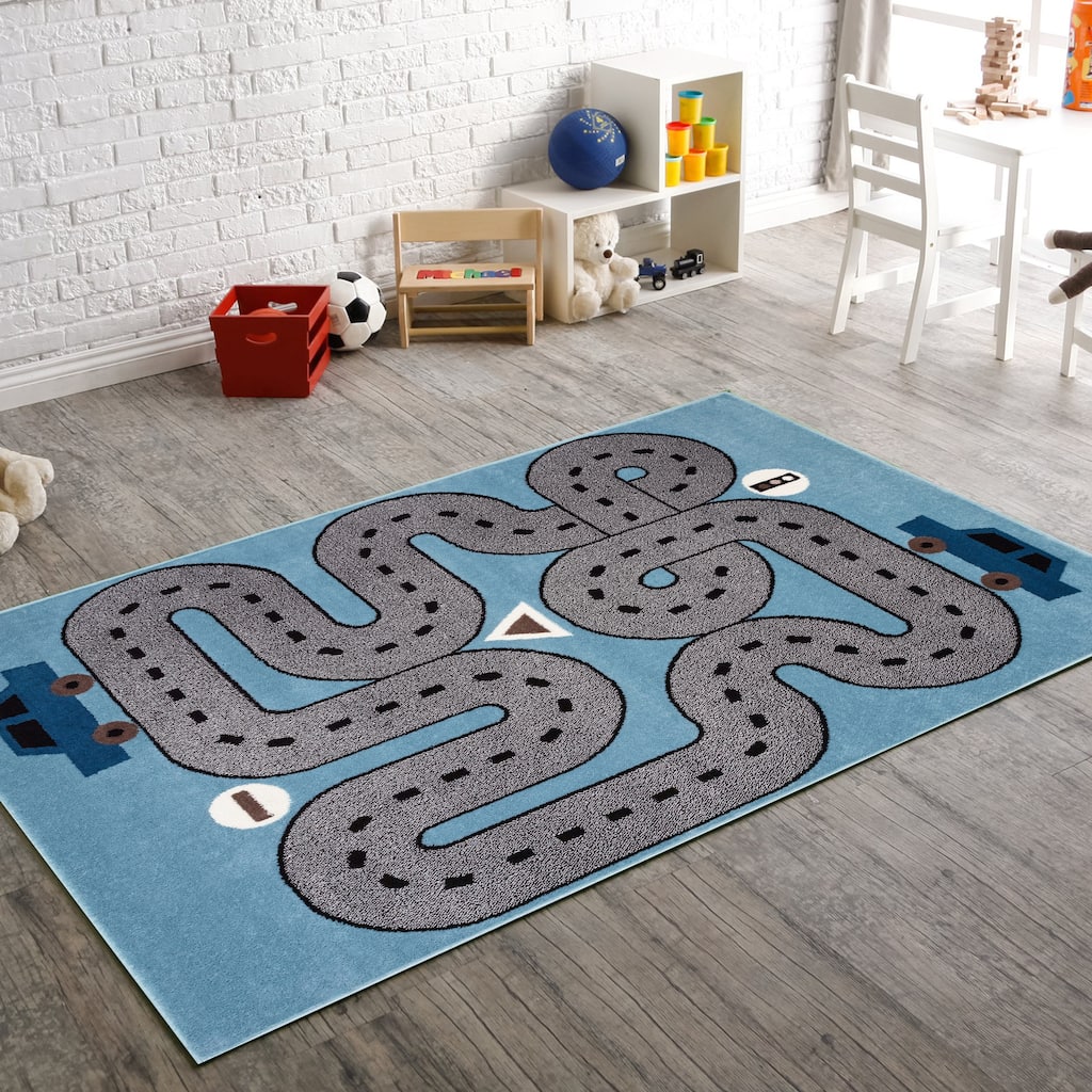 Wren Light Blue Race Track Children's Indoor Area Rug by Sevita
