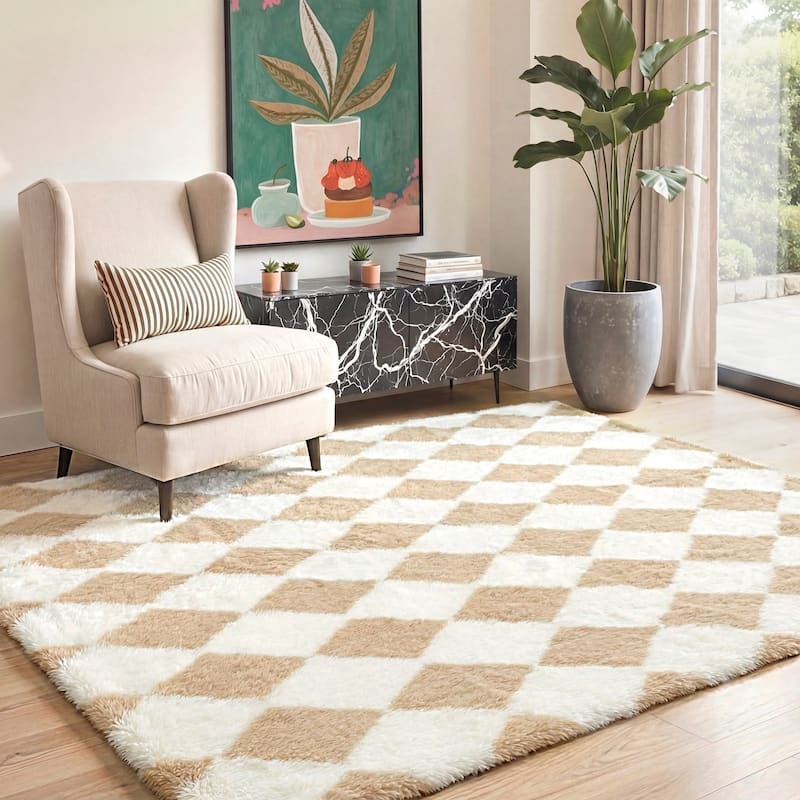 Mcow Diamond Check Collection High-Pile Machine-Washable Area Rug