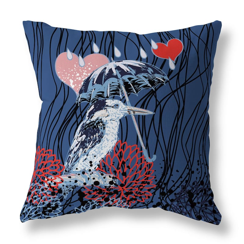 Blue And Red Bird with Umbrella Faux Suede Throw Pillow Zipper