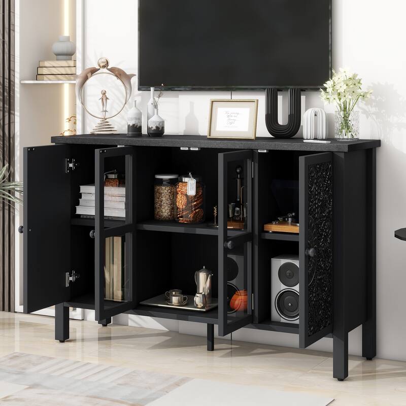 47.2'' Retro TV Stand with Adjustable Shelves, Entertainment Center Media Console with Glass Cabinet Doors & Anti-tip Device