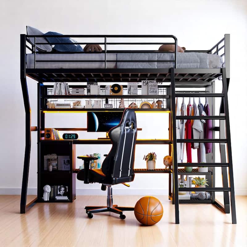 Full Size Metal Loft Bed with Desk, LED Lights, Charging Station, Open Wardrobe & Storage Shelves, Gaming Workstation Loft Frame - Black - Full