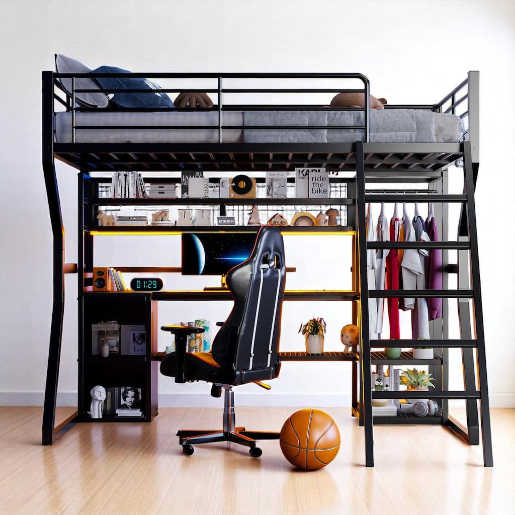 Full Size Metal Loft Bed with Desk, LED Lights, Charging Station, Open Wardrobe & Storage Shelves, Gaming Workstation Loft Frame