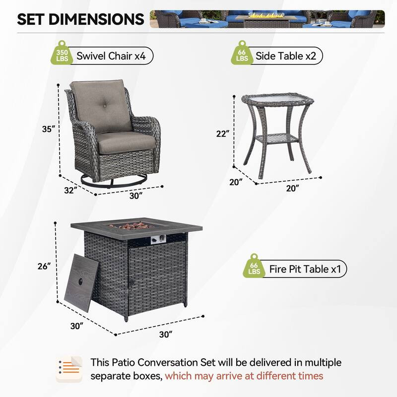 Gymojoy 7-Piece Outdoor Fire Pit Conversation Set with 4 Swivel Chairs & 2 Side Tables