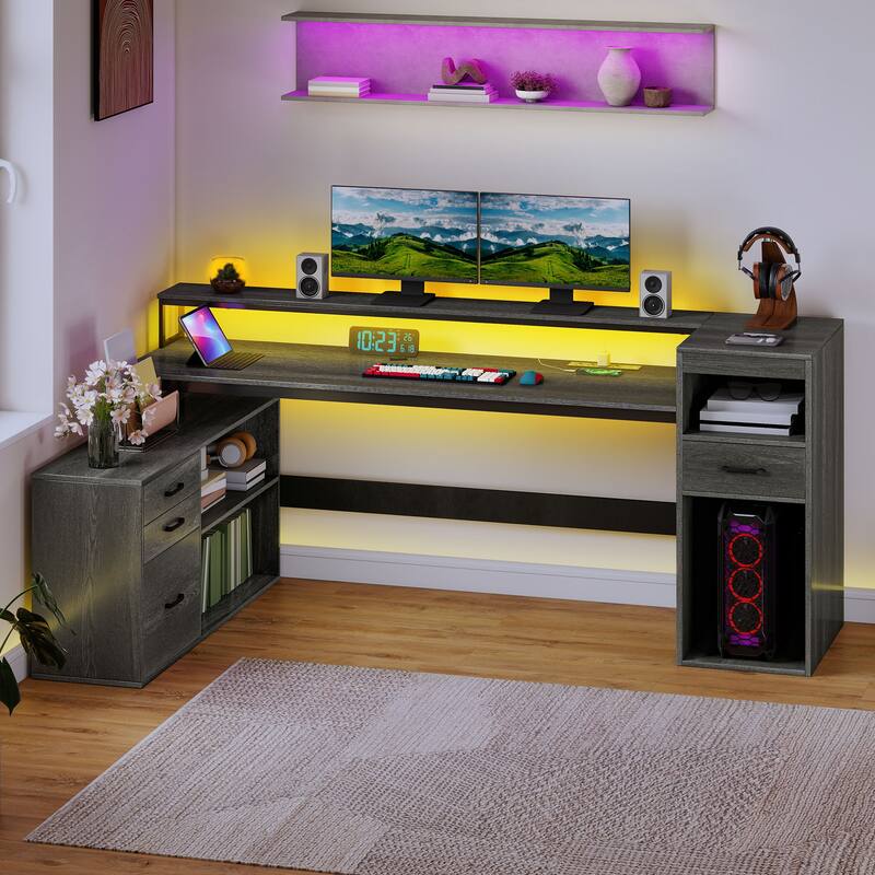 Moasis Farmhouse L Shaped Desk with Drawers, Power Outlets & LED Lights