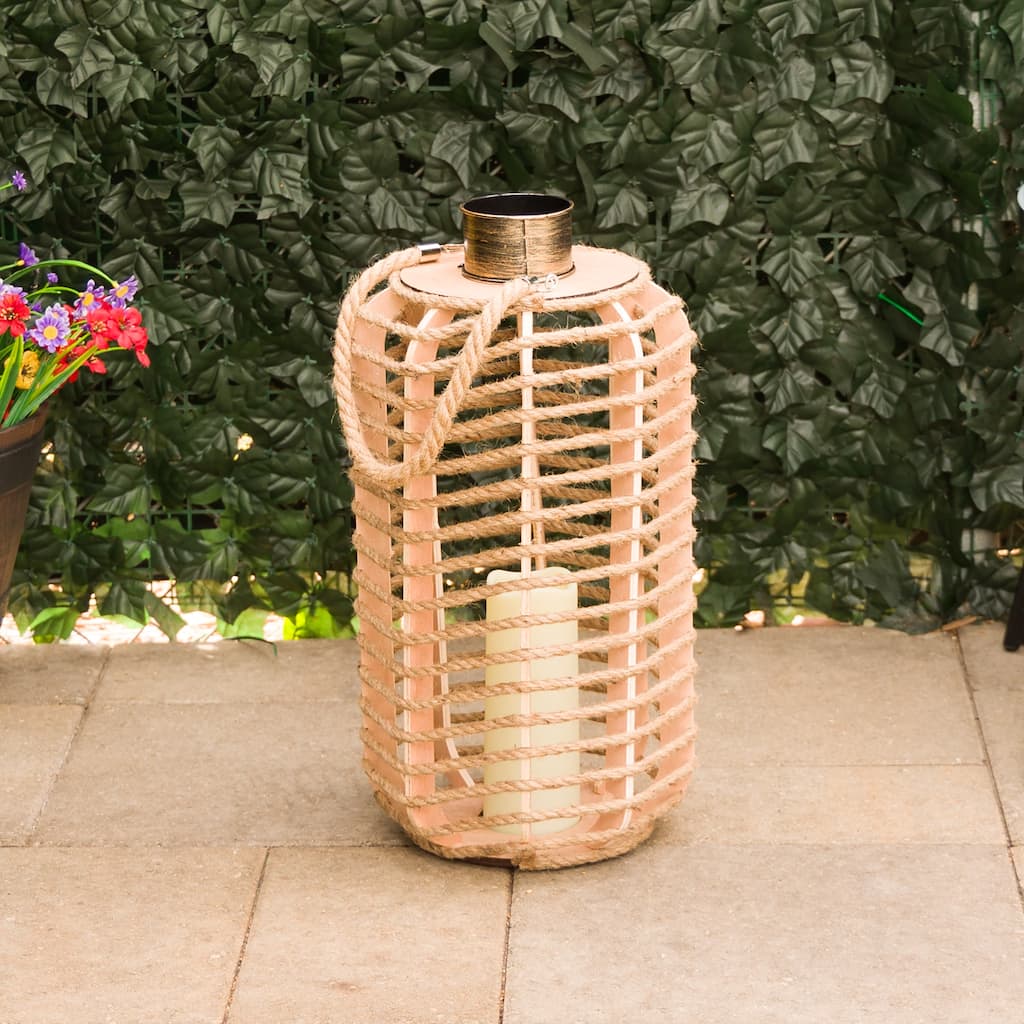 Alpine Corporation Hemp Rope Wooden Lantern with Flickering LED Lights, Garden Light Decor, Outdoor for Patio, Lawn, and Yard