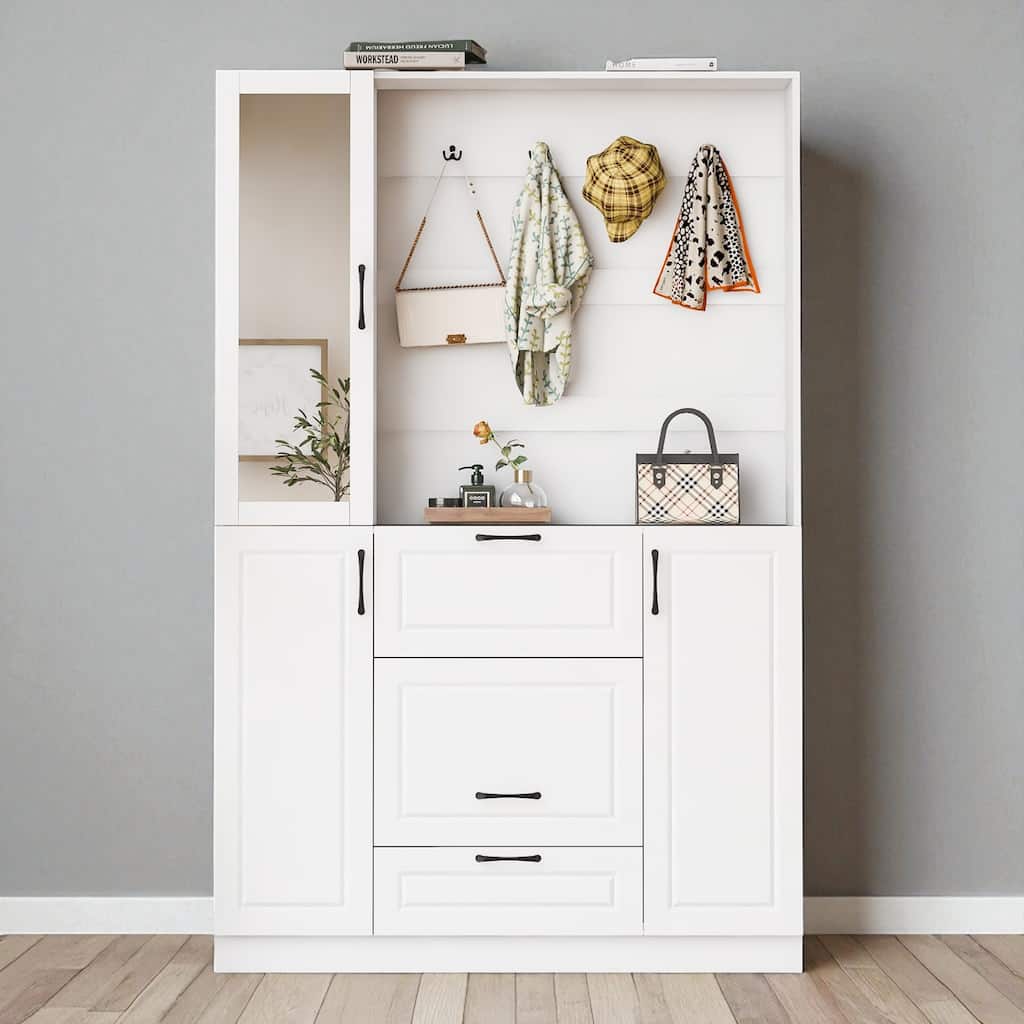 51.1" Entryway Hall Tree with Mirror, Shoe Cabinet Bench, 3-in-1 Organizer with 4 Hooks, 2 Drawers, Adjustable Shelves