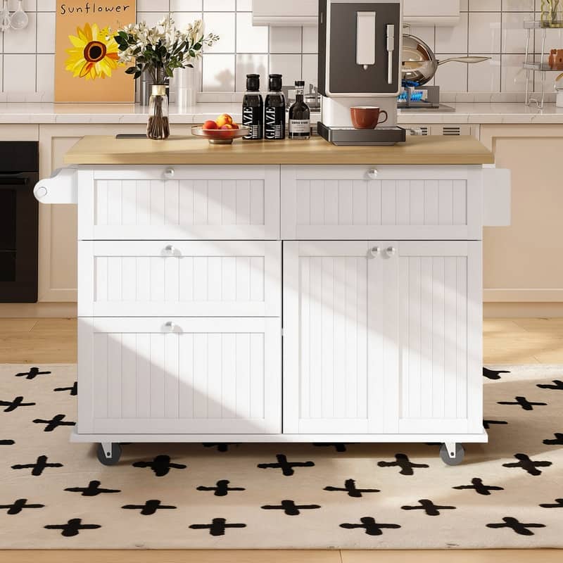 50.3" Farmhouse Kitchen Island with Drop Leaf Tabletop and 2 Dining Stools, Kitchen Cart Set with Storage and Power Outlet