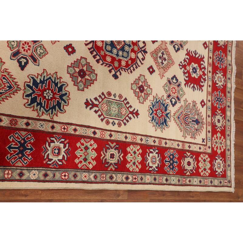 Geometric Kazak Area Rug Hand-Knotted Beige Wool Carpet - 5'2" x 6'6"