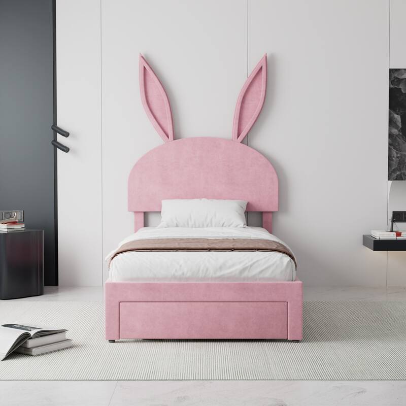 VECELO Wooden Cute Rabbit Twin Bed Frame with Upholstered Headboard, Kids Bed Frame