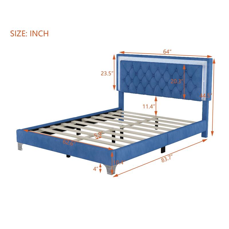 Queen Size Upholstered Bed Frame with LED Lights
