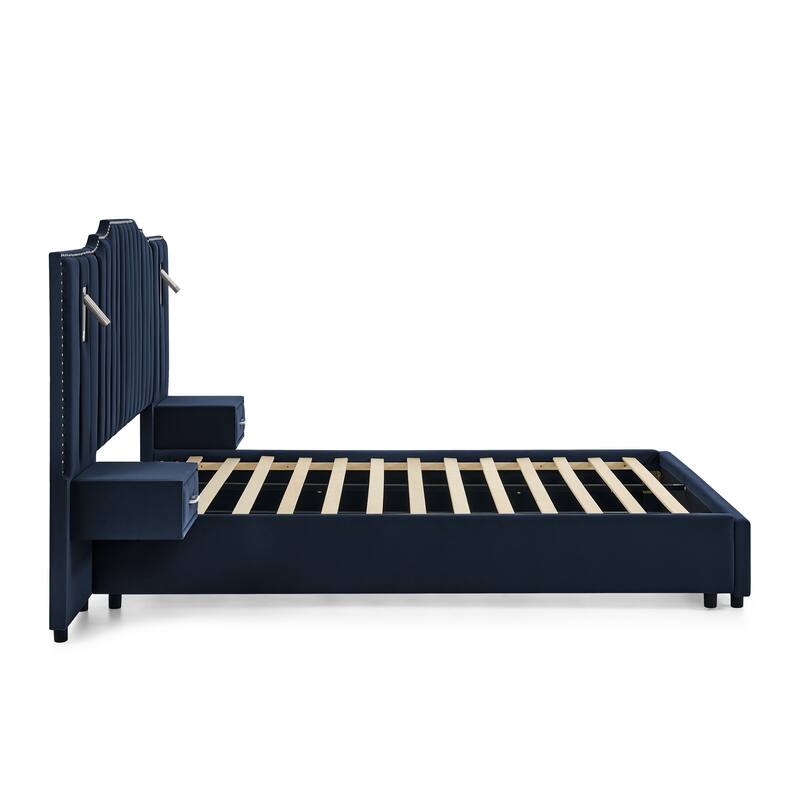 King/Queen Velvet Bed Frame with Vertical Stitch Headboard & Side Table