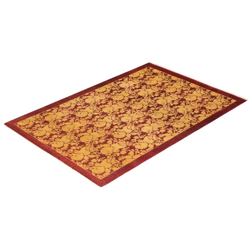 Overton Hand Knotted Wool Traditional Abstract Red Area Rug - 4' x 6'