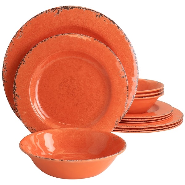 slide 2 of 5, Laurie Gates California Designs Mauna 12 Piece Melamine Dinnerware Set in Crackle Orange - 12 Piece