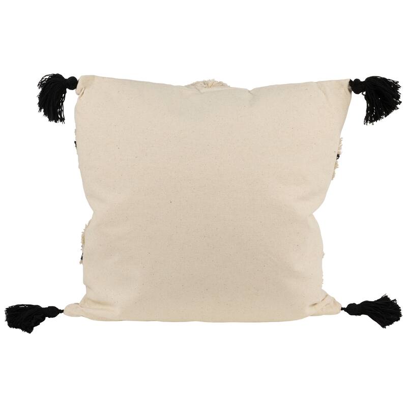 15" Beige and Black Boho Cotton Square Throw Pillow with Tassels