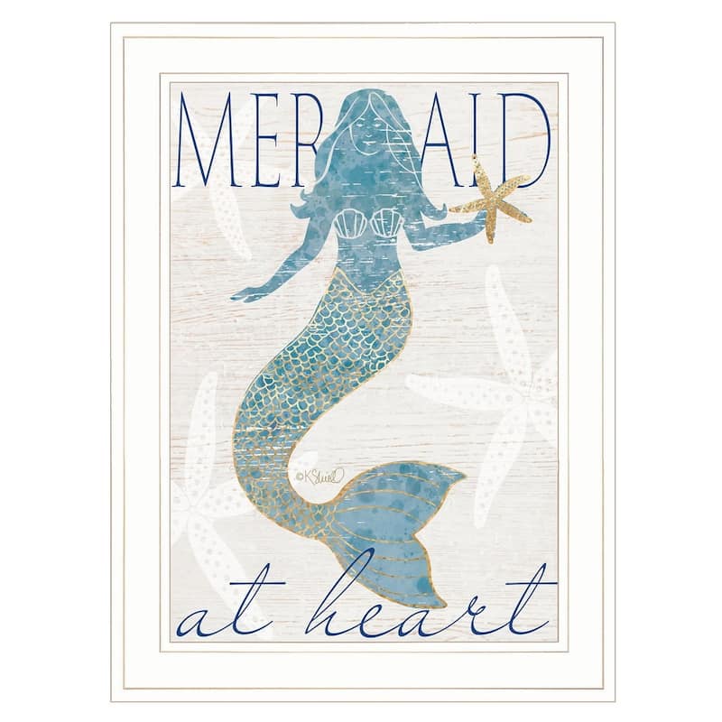 TrendyDecor4U "Mermaid at Heart" Framed Print Wall Art by Kate Sherrill - Blue, Green, Pink - White