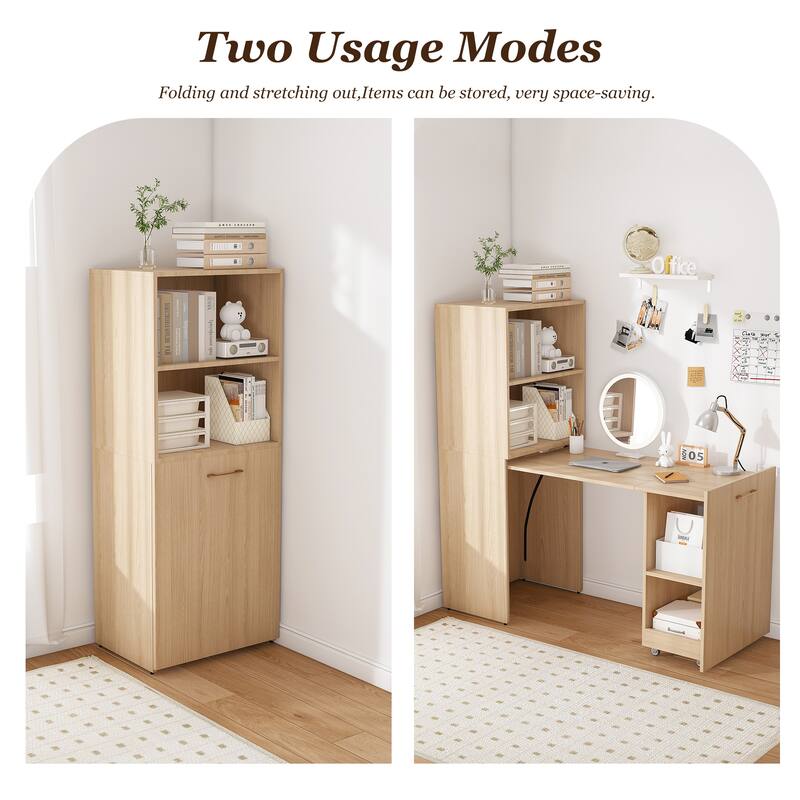 Stretchable desk, office desk with storage shelves and mobile wheels, suitable for small apartments and offices