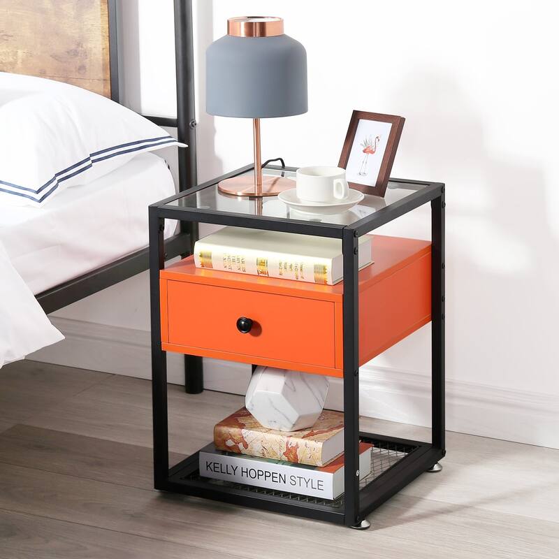 VECELO Modern 1-Drawer Nightstands with Tempered Glass Top
