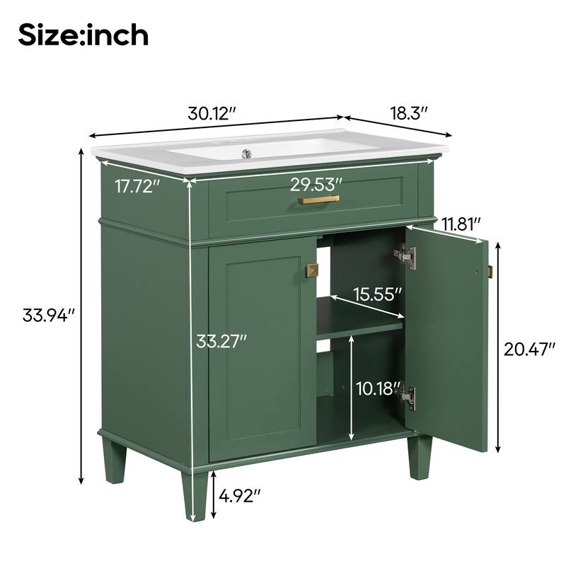 30-inch bathroom vanity with ceramic basin, soft close door and adjustable shelves