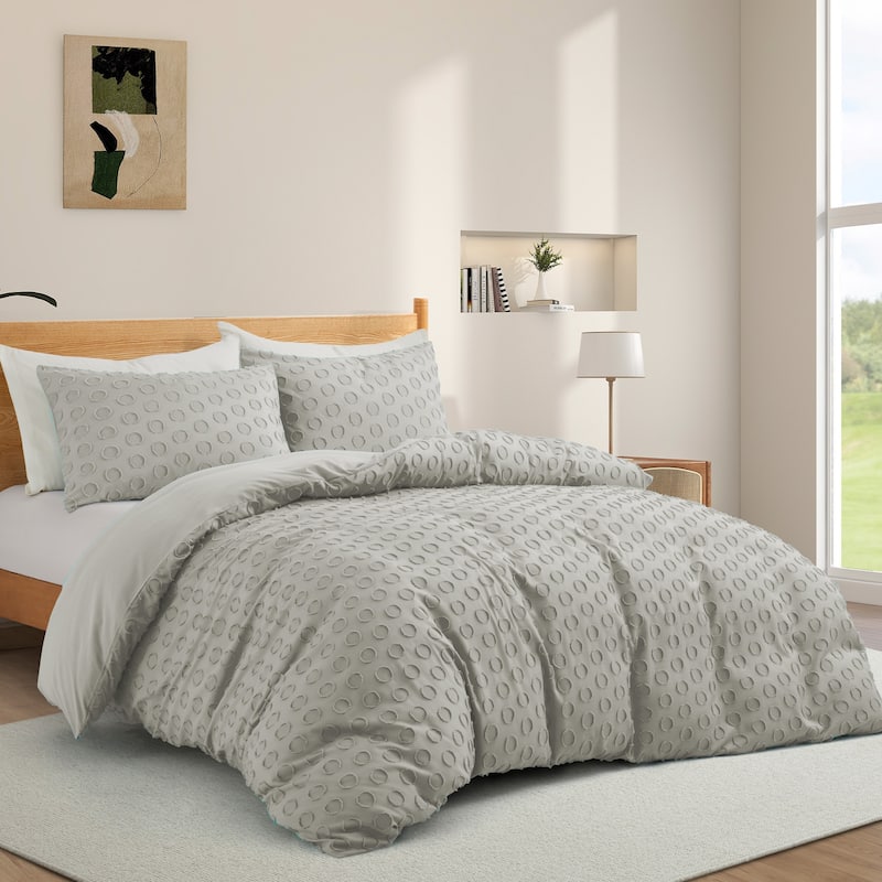 Tufted Clipped Jacquard Geometric Oversized Duvet Cover & Pillowcase Set - Circle/Light Gray - King