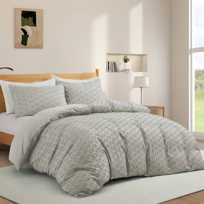 Clipped Jacquard Geometric Duvet Cover & Pillowcase Set - Light Gray/Circle - Twin