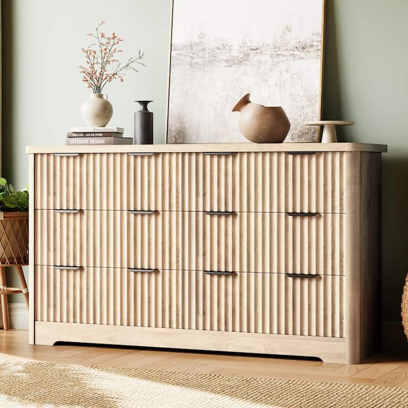 6 Drawer Dresser, Modern Fluted Dressers for Bedroom, Wooden Dresser & TV Stand,Clothes Storage