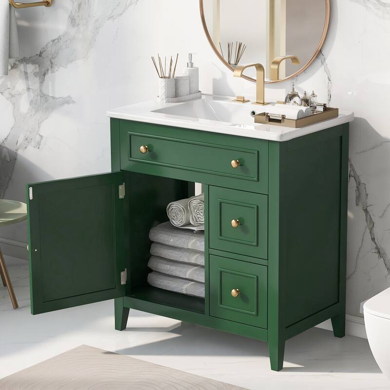 30" Bathroom Vanity with Sink Top, Bathroom Vanity Cabinet with Door and Two Drawers, Solid Wood Frame, One Package - Green