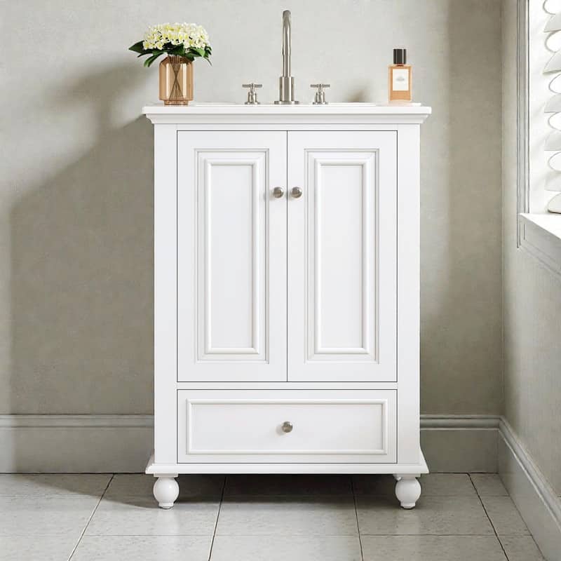 24" Bathroom Vanity with Ceramic Sink, Storage Cabinet with Soft-Close Doors and Drawer with Dividers - White