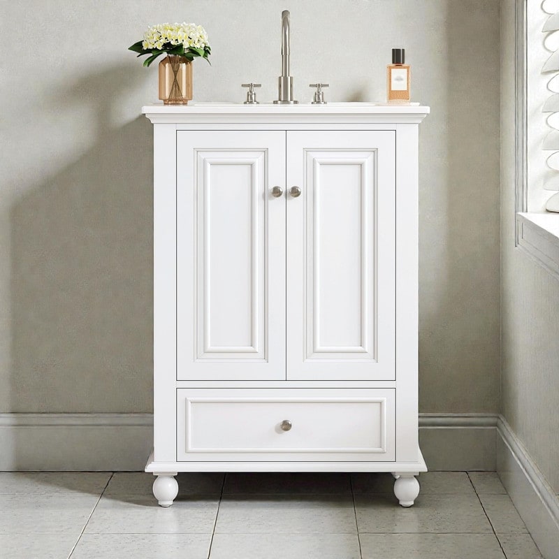 24" Bathroom Vanity with Ceramic Sink, Storage Cabinet with Soft-Close Doors and Drawer with Dividers