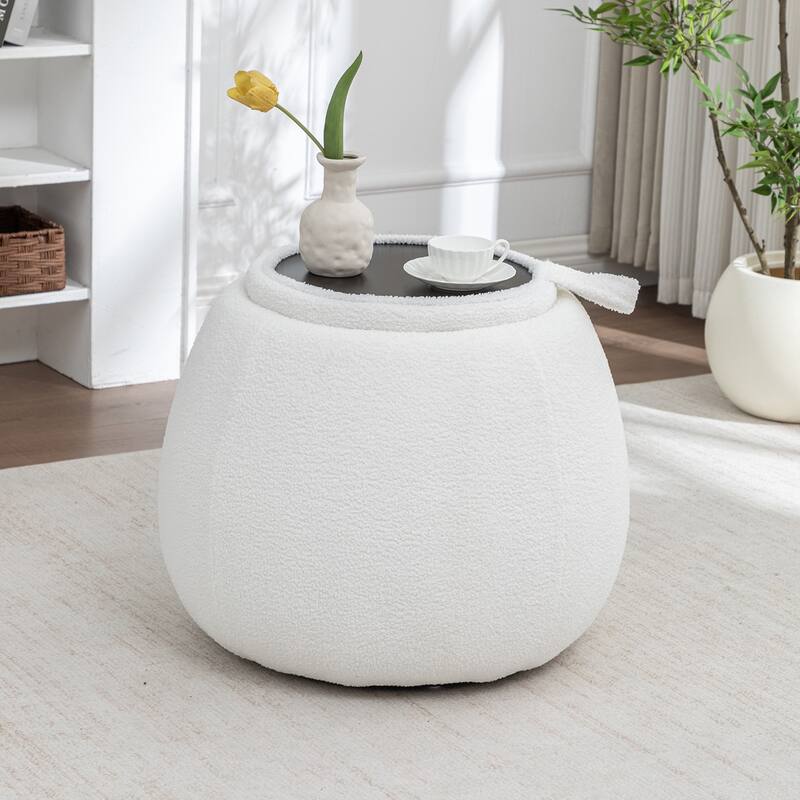 SEYNAR 25" Faux Sherpa Round Storage Ottoman - Large Cozy Bouclé Footrest Stool