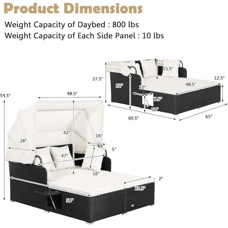 Costway Patio Rattan Daybed Lounge Retractable Top Canopy Side Tables - See Details