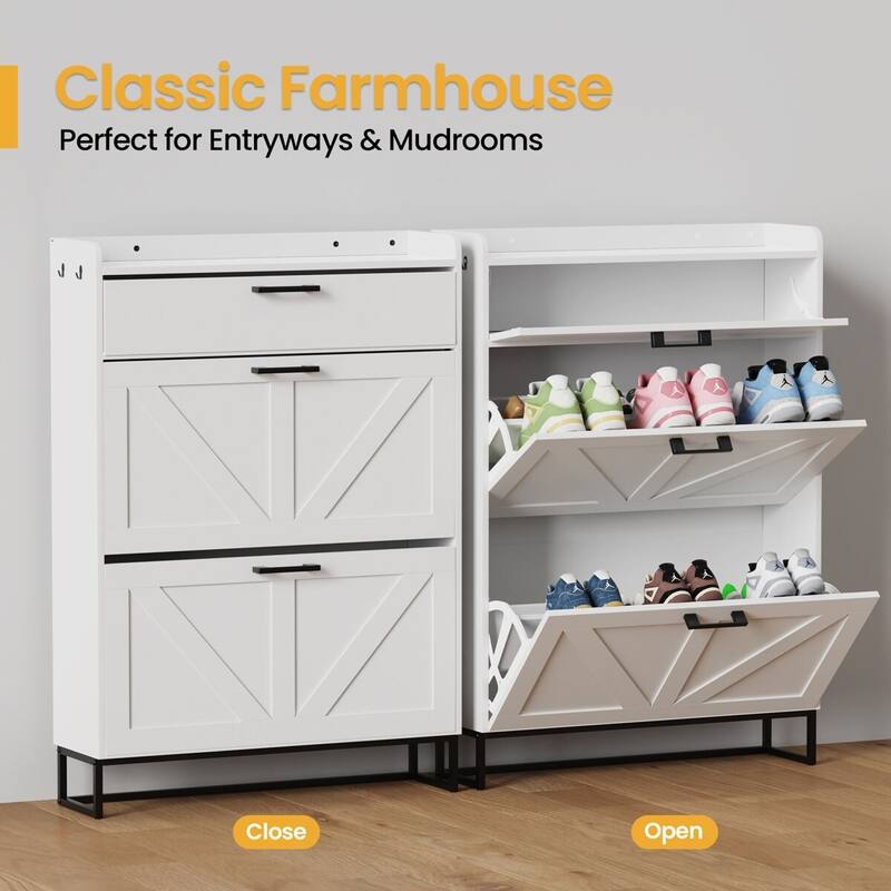 AVAWING Freestanding Farmhouse Shoe Cabinet - 2 Flip Drawers & Adjustable Shelves, Entryway Slim Storage with Side Hooks.