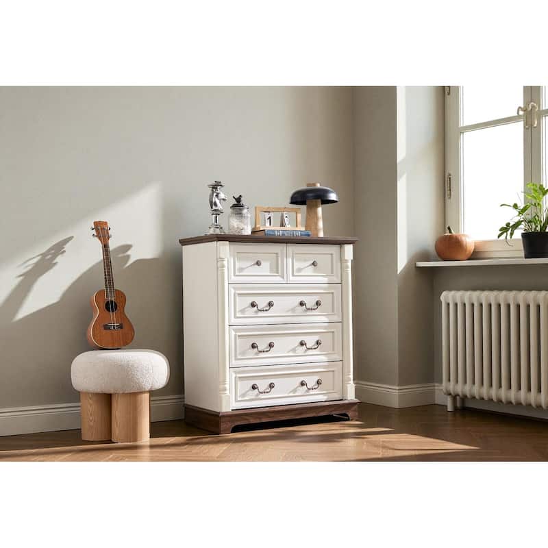 Farmhouse Rustic 5-Drawer Dresser Wooden Chest Storage Organizer with Base for Bedroom Living Room Durable Cabinet