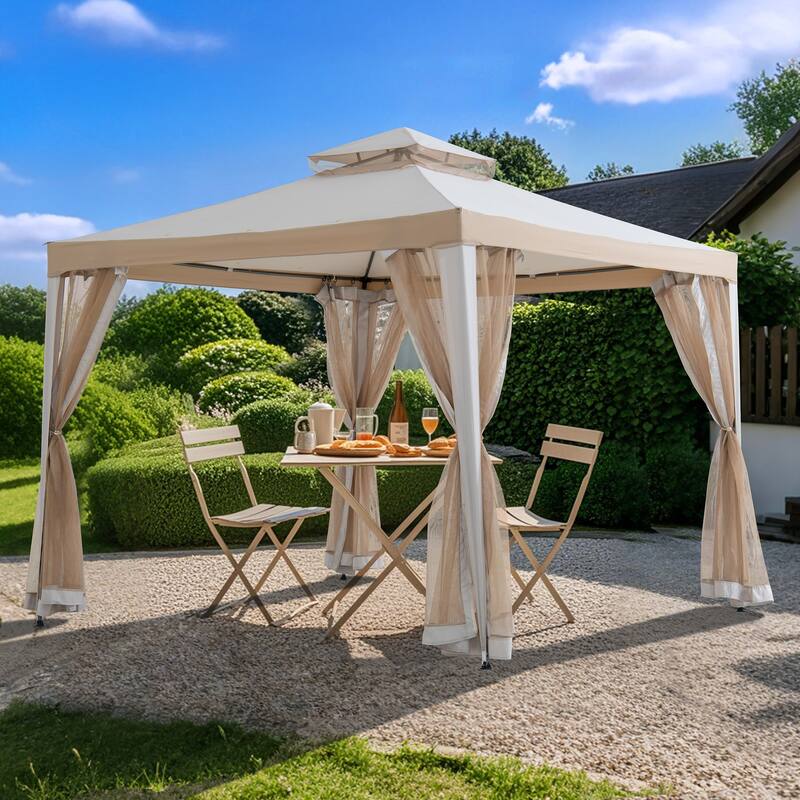 Sunjoy 10’ x 10’ Outdoor Patio Gazebo, Outdoor Backyard Modern 2-Tier Steel Frame Soft Top Gazebo with Mesh Netting - Khaki
