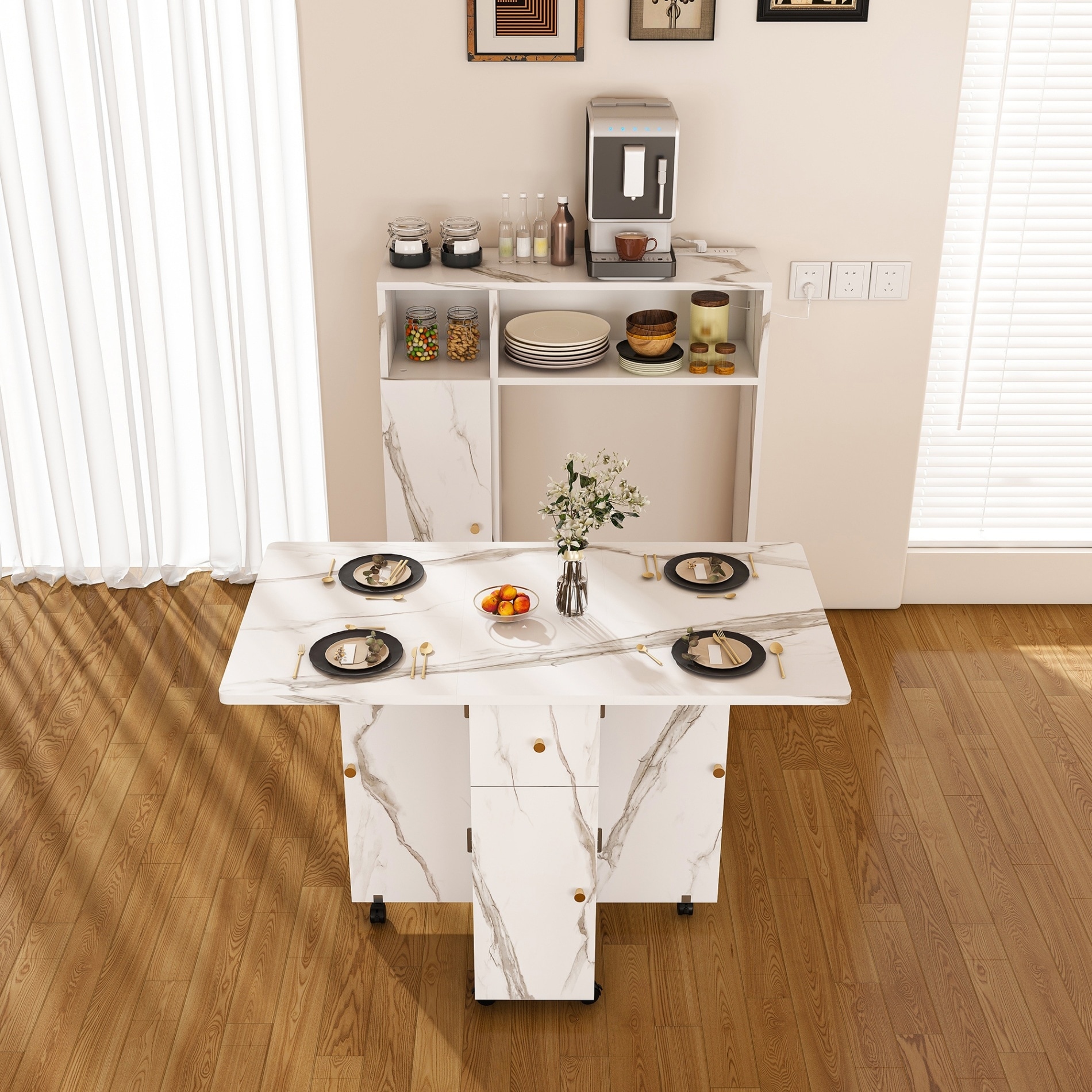 Multifunctional Folding Dining Table with Wall-Mounted Sideboard and Storage