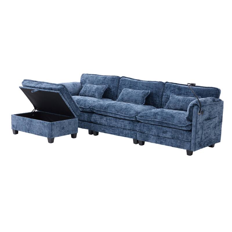 Modern Chenille Chaise Couch L-shaped Sectional Sofa with Storage Ottoman, Phone Holder, USB/Type-C Ports and Side Pockets