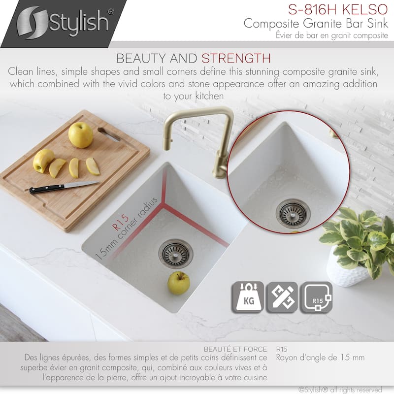 STYLISH 15.5 inches L x 17.5 inches W Dual Mount Single Bowl Composite Granite Kitchen Sink with Strainer - 15.5" x 17.5" x 8.5"