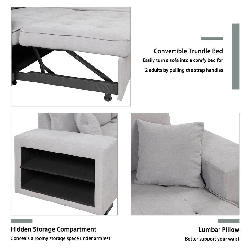 Modern L-Shape 3 Seat Reversible Sectional Couch, Pull Out Sleeper Sofa with Storage Chaise and 2 Stools