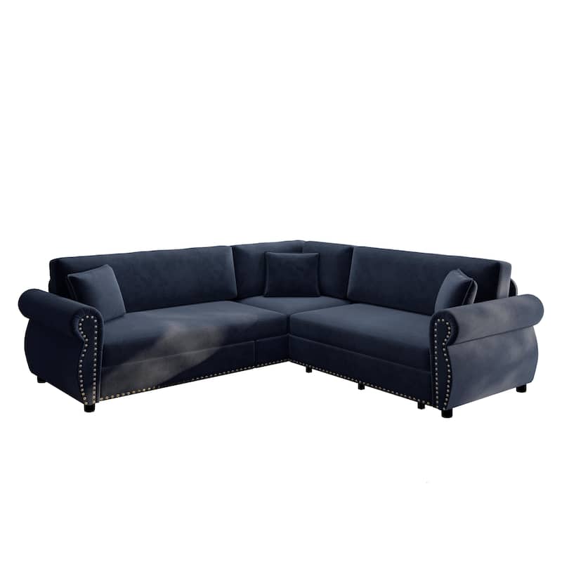 88.2" L-Shaped Sleeper Sectional Sofa with Pull-Out Bed - Chenille Convertible Couch, Nailhead Trim, for Living Room