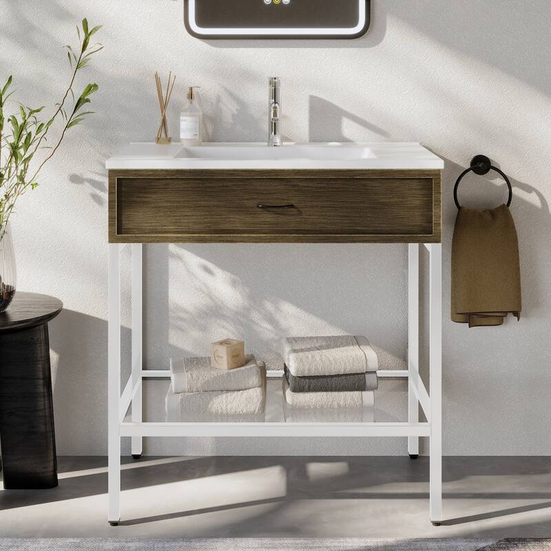 Ansel Freestanding Bathroom Vanity with Single Sink, One Glass Shelf, Metal Legs - 30 inch White