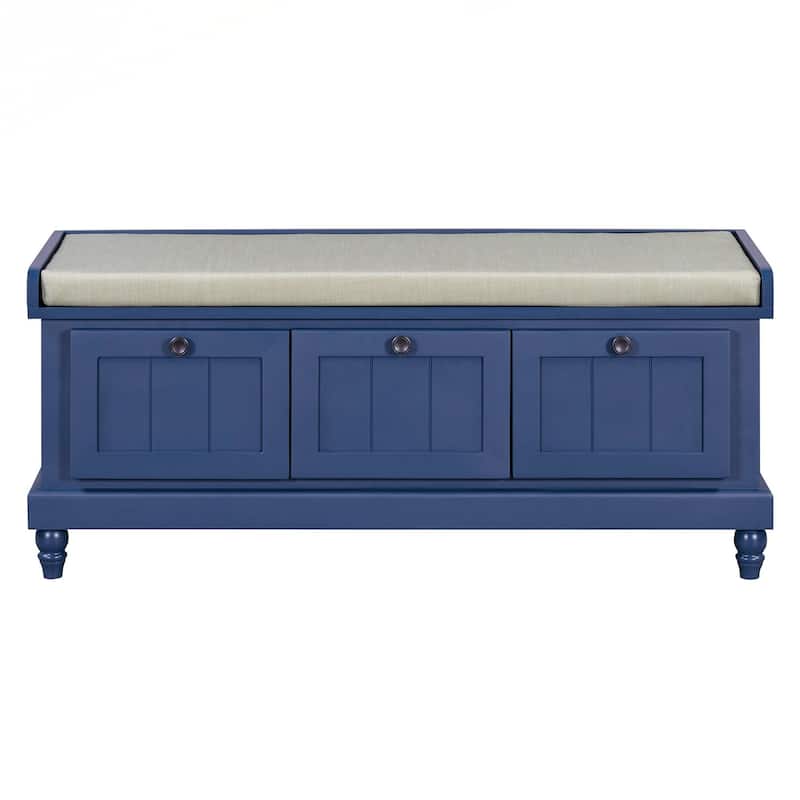 Classic Shoe Bench with Cushion and Three Drawers, Fluted Entryway Bench with Storage for Living Room, Entryway, and Hallways