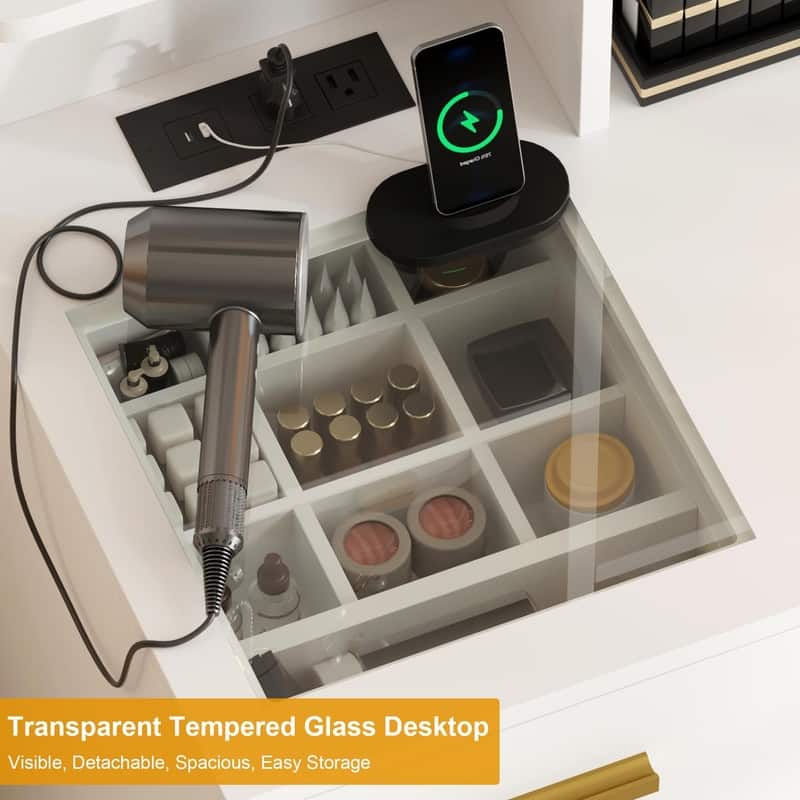 Vanity Table with LED Mirror, Stool, Shelves, Drawers, Cabinets, Charging Station