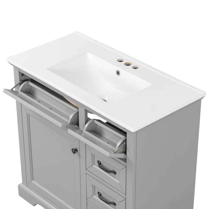 Roomfitters 36" Bathroom Vanity with Ceramic Sink, 2 Tip-out Drawers and Smart Storage Organizer
