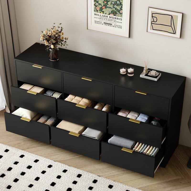 9 Drawer Dresser, 63" Large Deep Chest Of Drawers,Wooden Dresser Storage Cabinet With 9 Drawers, Long Dressers