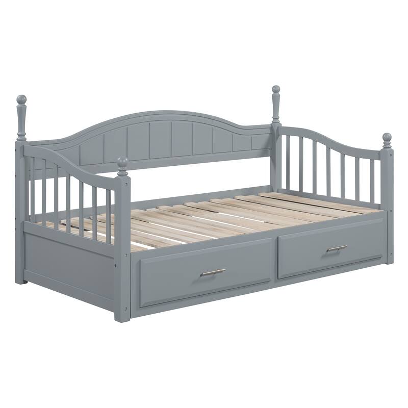 Twin Size Wooden Daybed with Two Storage Drawers and Trundle for Bedroom