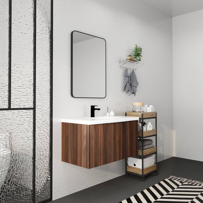 Floating Bathroom Vanity with Resin Sink, Soft Closing Doors, Metal Handles, and Ample Storage Space - 35.4in L Plywood