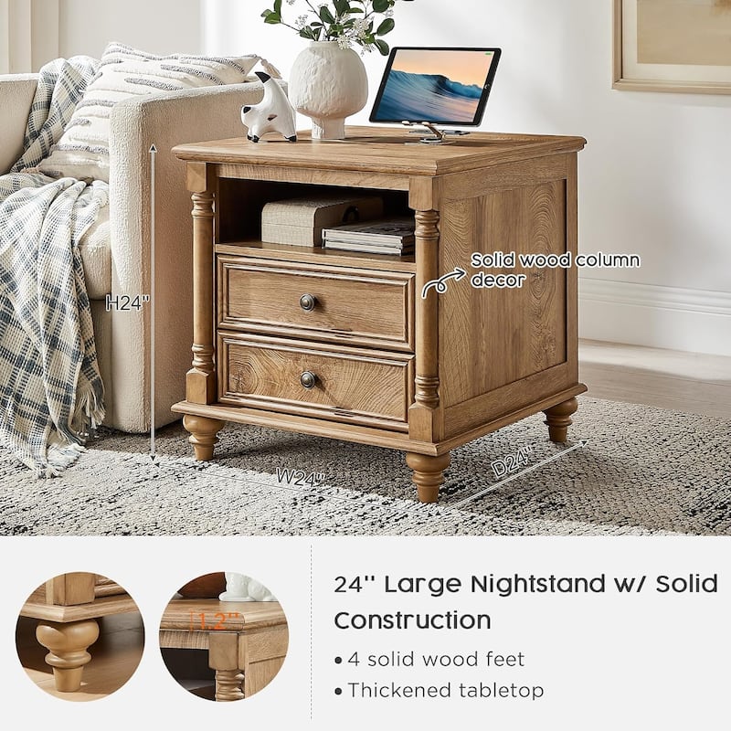 Farmhouse End Table, Sofa Side Table with Charging Station, Nightstand