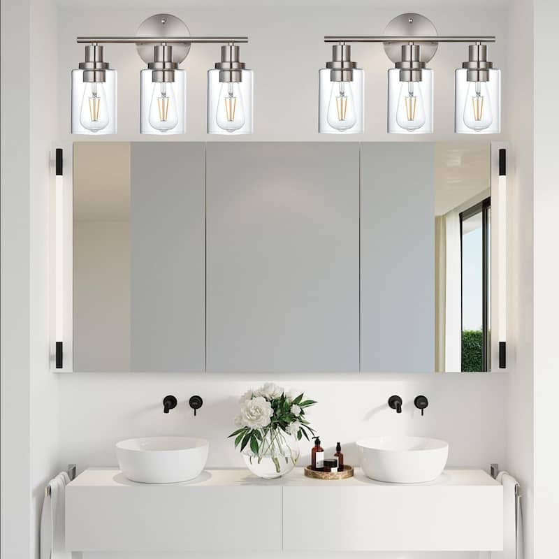 3-Light Bathroom Light Fixtures, Brushed Nickel Modern Vanity Lights Over Mirror with Clear Glass Shade, Bathroom Wall Lamp